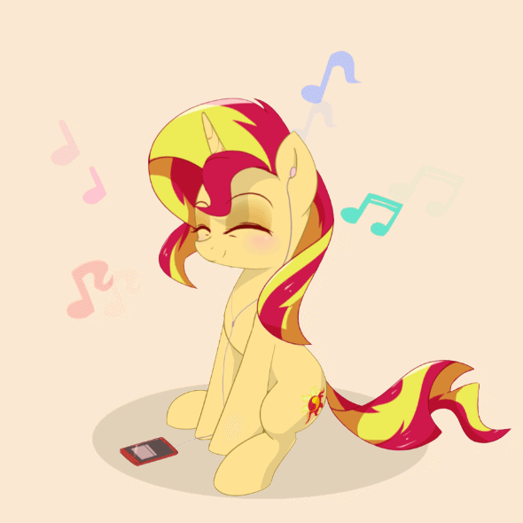 Size: 590x590 | Tagged: safe, artist:puetsua, artist:szafir87, character:sunset shimmer, species:pony, species:unicorn, animated, blush sticker, blushing, cute, earbuds, eyes closed, female, gif, mare, music notes, party soft, perfect loop, shimmerbetes, simple background, sitting, smiling, solo, szafir87 is trying to murder us, white background