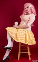 Size: 592x960 | Tagged: safe, artist:lochlan o'neil, character:fluttershy, species:human, clothing, cosplay, costume, dress, irl, irl human, photo, pinup, sitting, socks