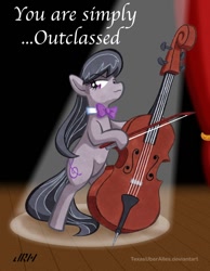 Size: 720x928 | Tagged: safe, artist:texasuberalles, part of a set, character:octavia melody, species:earth pony, species:pony, bipedal, bow tie, cello, colored pencil drawing, female, hoof hold, mare, marker drawing, musical instrument, solo, spotlight, stage, traditional art