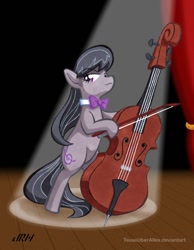 Size: 720x928 | Tagged: safe, artist:texasuberalles, part of a set, character:octavia melody, species:earth pony, species:pony, bipedal, bow, bow tie, cello, colored pencil drawing, concert, female, hoof hold, looking at you, mare, marker drawing, musical instrument, scene, solo, spotlight, stage, standing, traditional art