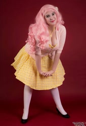 Size: 652x960 | Tagged: safe, artist:lochlan o'neil, character:fluttershy, species:human, big breasts, breasts, busty fluttershy, cleavage, clothing, cosplay, costume, cute, high heels, irl, irl human, pantyhose, photo, pinup, shoes, skirt, socks, stockings, thigh highs
