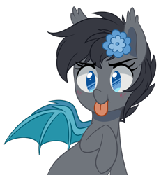 Size: 1924x2081 | Tagged: safe, artist:higgly-chan, oc, oc only, oc:seachell, species:bat pony, species:pony, bat pony oc, blep, cute, female, flower, flower in hair, mare, ocbetes, silly, simple background, tongue out, transparent background