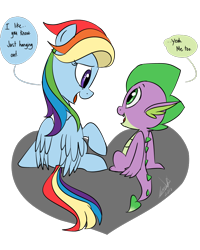 Size: 800x1000 | Tagged: safe, artist:emositecc, character:rainbow dash, character:spike, species:dragon, species:pegasus, species:pony, comic:sparkle, ship:rainbowspike, alternate eye color, alternate hairstyle, alternate universe, dialogue, female, heart, looking at each other, male, mare, multicolored hair, shipping, simple background, sitting, smiling, speech bubble, straight, transparent background
