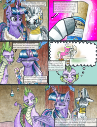 Size: 1950x2550 | Tagged: safe, artist:tillie-tmb, character:daisy, character:spike, character:twilight sparkle, character:twilight sparkle (alicorn), character:zecora, species:alicorn, species:pony, comic:the amulet of shades, clothing, grimdark series, magic, noodle, noodle incident, older, shampoo, sweat, traditional art, zecora's hut