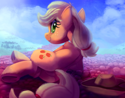 Size: 2000x1563 | Tagged: safe, artist:discorded, character:applejack, species:earth pony, species:pony, apple, applejack's hat, clothing, cloud, cowboy hat, dock, featureless crotch, female, food, hat, looking at you, looking back, looking back at you, mare, plot, sky, smiling, solo, tree