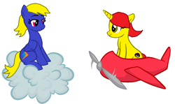 Size: 991x591 | Tagged: safe, artist:nightshadowmlp, base used, oc, oc only, oc:blue lightning, oc:game point, species:pegasus, species:pony, species:unicorn, cloud, cutie mark, dog of wisdom, female, hooves, horn, mare, on a cloud, plane, simple background, sitting on a cloud, solo, white background, wings