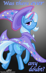 Size: 720x1128 | Tagged: safe, artist:texasuberalles, character:trixie, species:pony, species:unicorn, cape, clothing, female, glowing horn, gradient background, hat, looking at you, looking back, magic, mare, plot, solo, telekinesis, trixie's cape, trixie's hat, was there ever any doubt?