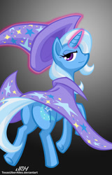 Size: 720x1128 | Tagged: safe, alternate version, artist:texasuberalles, character:trixie, species:pony, species:unicorn, cape, clothing, female, glowing horn, gradient background, hat, looking at you, looking back, magic, mare, plot, solo, telekinesis, trixie's cape, trixie's hat