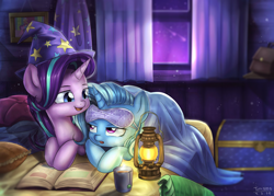 Size: 2100x1500 | Tagged: safe, artist:tcn1205, character:starlight glimmer, character:trixie, species:pony, species:unicorn, ship:startrix, book, clothing, cute, diatrixes, female, glimmerbetes, hat, lantern, lesbian, mare, photo, pillow, shipping, sleep mask, smiling, tea, teabag, trixie's hat, trixie's wagon, window