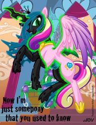 Size: 720x937 | Tagged: safe, artist:texasuberalles, character:princess cadance, character:queen chrysalis, species:alicorn, species:changeling, species:pony, changeling magic, character to character, crown, digital art, disguise, disguised changeling, duality, fake cadance, fangs, female, flower, flying, gotye, hoof shoes, jewelry, looking at you, lyrics, lyrics in the description, magic, mare, open mouth, peytral, regalia, solo, somebody that i used to know, song reference, text, transformation