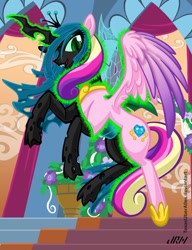 Size: 720x937 | Tagged: safe, artist:texasuberalles, character:princess cadance, character:queen chrysalis, species:alicorn, species:changeling, species:pony, changeling magic, character to character, crown, digital art, disguise, disguised changeling, duality, fake cadance, fangs, female, flower, flying, hoof shoes, jewelry, looking at you, mare, open mouth, peytral, regalia, solo, transformation