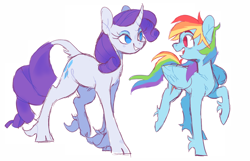 Size: 1416x912 | Tagged: safe, artist:xenon, edit, character:rainbow dash, character:rarity, species:classical unicorn, species:pegasus, species:pony, species:unicorn, ship:raridash, cloven hooves, color edit, colored, curved horn, female, leonine tail, lesbian, looking at each other, mare, shipping, simple background, smiling, unshorn fetlocks, white background