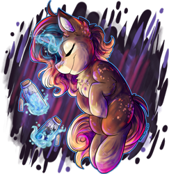 Size: 2155x2219 | Tagged: safe, artist:iroxykun, oc, oc only, species:pony, species:unicorn, bottle, chest fluff, female, magic, simple background, solo, transparent background