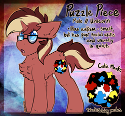 Size: 2799x2589 | Tagged: safe, artist:iroxykun, oc, oc only, oc:puzzle piece, species:pony, species:unicorn, autism, chest fluff, cutie mark, glasses, male, reference sheet, solo, text