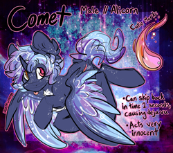 Size: 2895x2560 | Tagged: safe, artist:iroxykun, oc, oc only, oc:comet, species:alicorn, species:pony, cutie mark, freckles, heterochromia, horn, male, reference sheet, solo, text, tongue out, wings