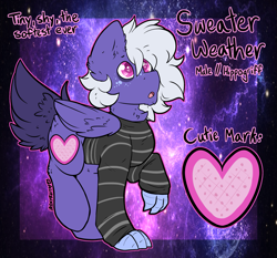 Size: 2487x2314 | Tagged: safe, artist:iroxykun, oc, oc only, oc:sweater weather, species:hippogriff, cutie mark, freckles, heart eyes, male, reference sheet, solo, text, wingding eyes, wings
