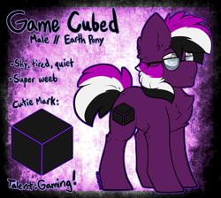 Size: 2708x2429 | Tagged: safe, artist:iroxykun, oc, oc only, oc:game cubed, chest fluff, cutie mark, glasses, male, reference sheet, solo, text