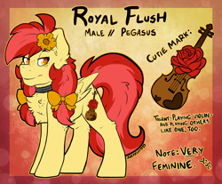 Size: 2906x2411 | Tagged: safe, artist:iroxykun, oc, oc only, oc:royal flush, species:pegasus, species:pony, bow, chest fluff, choker, cutie mark, femboy, flower, male, reference sheet, solo, text, violin
