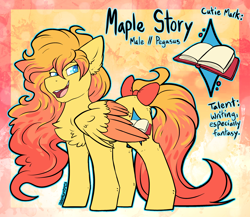 Size: 2466x2143 | Tagged: safe, artist:iroxykun, oc, oc only, oc:maple story, species:pegasus, species:pony, book, bow, chest fluff, cutie mark, male, reference sheet, solo, text
