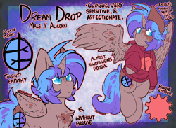 Size: 3047x2232 | Tagged: safe, artist:iroxykun, oc, oc only, oc:dream drop, species:alicorn, species:pony, alicorn oc, chest fluff, clothing, cutie mark, hoodie, horn, male, reference sheet, solo, text, wings