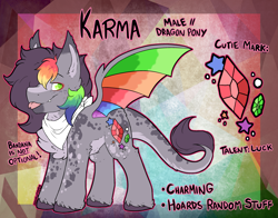 Size: 3129x2455 | Tagged: safe, artist:iroxykun, oc, oc only, oc:karma, species:dracony, bandana, chest fluff, cutie mark, freckles, hybrid, male, reference sheet, solo, text, wings