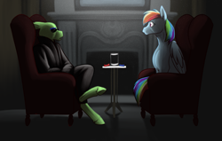 Size: 1257x800 | Tagged: safe, artist:foxenawolf, character:rainbow dash, oc, oc:twister, fanfic:piercing the heavens, blue pill, chair, fanfic art, fireplace, illustration, red pill, table, the matrix