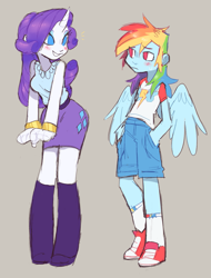Size: 1155x1518 | Tagged: safe, artist:xenon, edit, character:rainbow dash, character:rarity, species:human, ship:raridash, my little pony:equestria girls, blushing, clothing, color edit, colored, converse, cute, female, horned humanization, humanized, lesbian, looking at each other, raribetes, shipping, shoes, simple background, smiling, winged humanization, wings