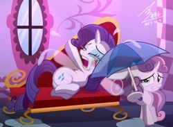 Size: 1200x880 | Tagged: safe, artist:bluse, character:rarity, character:sweetie belle, species:pony, species:unicorn, acne, crying, duo, fainting couch, female, filly, makeup, mare, marshmelodrama, mascarity, ocular gushers, pimple, running makeup, show accurate, sisters, the worst possible thing, umbrella, whining, window