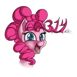 Size: 800x800 | Tagged: safe, artist:cafecomponeis, character:pinkie pie, species:earth pony, species:pony, female, looking at you, mare, name pun, numbers, open mouth, pi, pi day, pinkie pi, pun, simple background, solo, transparent background, visual gag