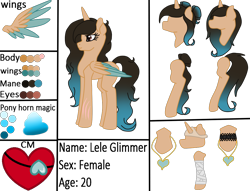 Size: 994x760 | Tagged: safe, artist:cindydreamlight, oc, oc:lele glimmer, species:alicorn, species:pony, alicorn oc, colored wings, female, mare, multicolored wings, reference sheet, simple background, solo, transparent background, two toned wings