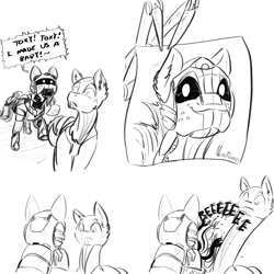 Size: 2000x2000 | Tagged: safe, artist:testostepone, oc, oc:non toxic, oc:runtime, species:pony, black and white, cheek fluff, comic, dialogue, ear fluff, excited, exploitable meme, female, frown, grayscale, lineart, long neck, male, meme, monochrome, monster pony, nope, nope.avi, offspring, open mouth, original species, reeee, robot, robot pony, scared, scroll, shipping, simple background, smiling, speech bubble, straight, tatzlpony, tentacles, white background, wide eyes, worried
