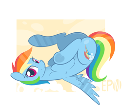 Size: 3449x3101 | Tagged: safe, artist:b-epon, character:rainbow dash, species:pegasus, species:pony, ass up, female, frog (hoof), looking at you, mare, on back, plot, smiling, solo, spread wings, underhoof, wings