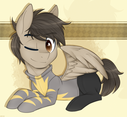 Size: 1000x922 | Tagged: safe, artist:higgly-chan, oc, oc only, species:pegasus, species:pony, clothing, one eye closed, prone, smiling, solo, uniform, wink, wonderbolts uniform