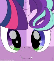 Size: 800x900 | Tagged: safe, artist:emositecc, character:spike, character:starlight glimmer, character:twilight sparkle, character:twilight sparkle (alicorn), species:alicorn, species:dragon, species:pony, amalgamation, fangs, female, looking at you, smiling