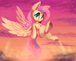 Size: 2000x1621 | Tagged: safe, artist:discorded, character:fluttershy, species:pegasus, species:pony, cute, female, flying, large ears, looking at you, mare, scenery, sky, smiling, solo, spread wings, three quarter view, underhoof, wings