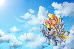 Size: 960x632 | Tagged: safe, artist:emositecc, artist:sdmlp8184, character:derpy hooves, oc, oc:vi, species:pegasus, species:pony, cloud, female, filly, flying, happy, mare, philippines, ponies riding ponies, sky