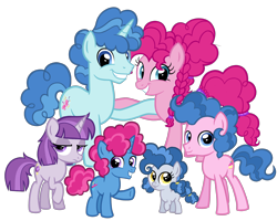 Size: 2520x2016 | Tagged: safe, artist:thecheeseburger, character:party favor, character:pinkie pie, oc, parent:party favor, parent:pinkie pie, parents:partypie, species:earth pony, species:pony, species:unicorn, ship:partypie, colt, family, female, filly, looking at you, male, mare, offspring, shipping, simple background, stallion, straight, transparent background