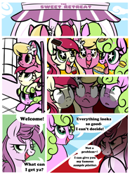 Size: 5100x6900 | Tagged: safe, artist:mulberrytarthorse, character:daisy, character:lily, character:lily valley, character:roseluck, oc, oc:mulberry tart, species:earth pony, species:pony, species:unicorn, absurd resolution, bakery, comic, cookie, cupcake, dialogue, female, flower trio, food, ice cream sandwich, imminent vore, imminent weight gain, kitchen eyes, mare, ominous, pie, starry eyes, this will end in weight gain, tongue out, wingding eyes