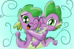 Size: 1214x800 | Tagged: safe, artist:emositecc, character:barb, character:spike, species:dragon, baby, baby dragon, barbabetes, blushing, cute, dragoness, female, hug, looking at you, male, one eye closed, open mouth, ponidox, rule 63, rule63betes, self dragondox, self ponidox, selfcest, shipping, smiling, spikebarb, straight