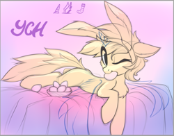 Size: 1099x860 | Tagged: safe, artist:ramiras, artist:share dast, oc, species:pony, species:unicorn, bunny ears, chest fluff, commission, ear fluff, easter, easter egg, holiday, solo, wings, your character here