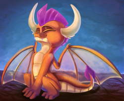 Size: 2000x1624 | Tagged: safe, artist:discorded, character:smolder, species:dragon, episode:school daze, g4, my little pony: friendship is magic, claws, cute, dragon wings, dragoness, eyes closed, fangs, female, happy, horns, sitting, smolderbetes, solo, spread wings, transparent wings, wings