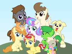Size: 2000x1500 | Tagged: safe, artist:magerblutooth, character:fluttershy, character:pound cake, character:princess flurry heart, character:pumpkin cake, oc, oc:champ, oc:masquerade ball, oc:mayhem, oc:peppermint swirl, oc:tiger lily, oc:tree leaf, species:alicorn, species:dog, species:earth pony, species:pegasus, species:pony, species:unicorn, fanfic:pound and pumpkin tales 2, alternate mane six, cat, fanfic, fanfic art, golden retriever, mane six opening poses, older, plushie
