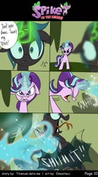 Size: 800x1440 | Tagged: safe, artist:emositecc, character:queen chrysalis, character:spike, character:starlight glimmer, species:changeling, species:dragon, species:pony, species:unicorn, comic:spike to the rescue, ship:sparlight, season 8, angry, comic, dialogue, female, freezing, frozen, glowing horn, hundreds of users filter this tag, ice, implied sparlight, it was at this moment that she knew she fucked up, magic, male, screaming, semi-grimdark series, shipping, speech bubble, straight, vulgar, winged spike, yelling