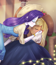 Size: 1429x1643 | Tagged: safe, artist:tcn1205, character:applejack, character:rarity, ship:rarijack, episode:five to nine, g4, my little pony: equestria girls, my little pony:equestria girls, acoustic guitar, blanket, clothing, cowboy hat, cute, dawwww, eyes closed, female, hat, humanized, jackabetes, lesbian, love, overalls, pony coloring, raribetes, rarihick, shipping, smiling, stetson, that was fast