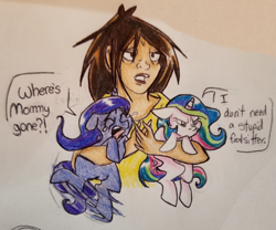 Size: 2047x1707 | Tagged: safe, artist:smirk, character:princess celestia, character:princess luna, oc, species:human, species:pony, babysitting, cewestia, colored pencil drawing, cranky, crying, exhausted, female, filly, filly celestia, filly luna, foalsitter, holding a pony, pen, pouting, traditional art, woona, younger