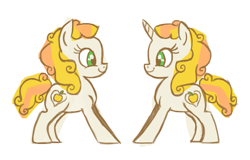Size: 885x568 | Tagged: safe, artist:needsmoarg4, character:golden delicious, species:earth pony, species:pony, species:unicorn, g3, apple family member, clone, female, g3 to g4, generation leap, golden delicious (g3), mare, simple background, smiling, white background