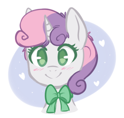 Size: 430x410 | Tagged: safe, artist:higgly-chan, character:sweetie belle, species:pony, species:unicorn, blushing, bow, bust, colored pupils, cute, dawwww, diasweetes, female, filly, heart, hnnng, portrait, simple background, smiling, solo, white background