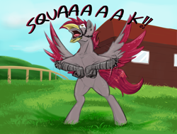 Size: 1832x1384 | Tagged: safe, artist:testostepone, oc, oc only, oc:velvet quill, species:hippogriff, beak, bipedal, building, ear piercing, fence, flapping, grass, piercing, spread wings, strap on beak, wings