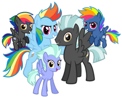 Size: 1540x1224 | Tagged: safe, artist:thecheeseburger, character:evil pie hater dash, character:rainbow dash, character:thunderlane, oc, oc:silver rain, oc:thunder cloud, parent:rainbow dash, parent:thunderlane, parents:thunderdash, species:pegasus, species:pony, adorapiehater, colt, cute, dashabetes, family, female, filly, filly evil pie hater dash, grin, hnnng, looking at you, male, mare, next generation, ocbetes, offspring, shipping, simple background, smiling, stallion, straight, thunderdash, transparent background