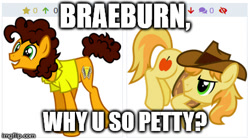 Size: 417x233 | Tagged: safe, artist:osipush, character:braeburn, character:cheese sandwich, derpibooru, everypony's gay for braeburn, image macro, imgflip, juxtaposition, meme, meta, this will end in pain